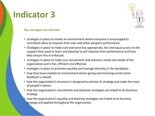 Indicator 3
Top managers can describe
• strategies in place to create an environment where everyone is encouraged to
contr...