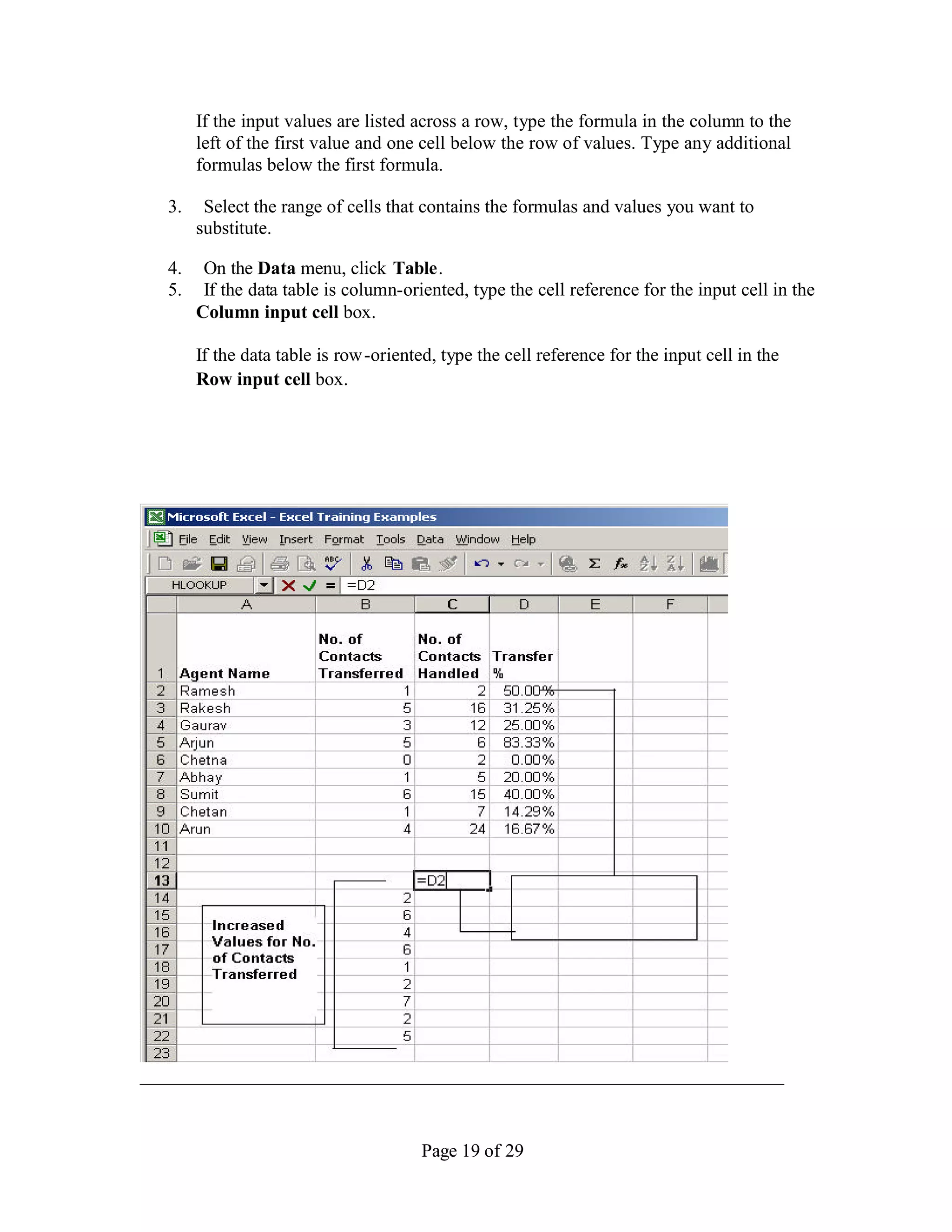 If the input values are listed across a row, type the formula in the column to the
     left of the first value and one cell below the row of values. Type any additional
     formulas below the first formula.

3.    Select the range of cells that contains the formulas and values you want to
     substitute.

4.    On the Data menu, click Table .
5.    If the data table is column-oriented, type the cell reference for the input cell in the
     Column input cell box.

     If the data table is row -oriented, type the cell reference for the input cell in the
     Row input cell box.




                                     Page 19 of 29
 