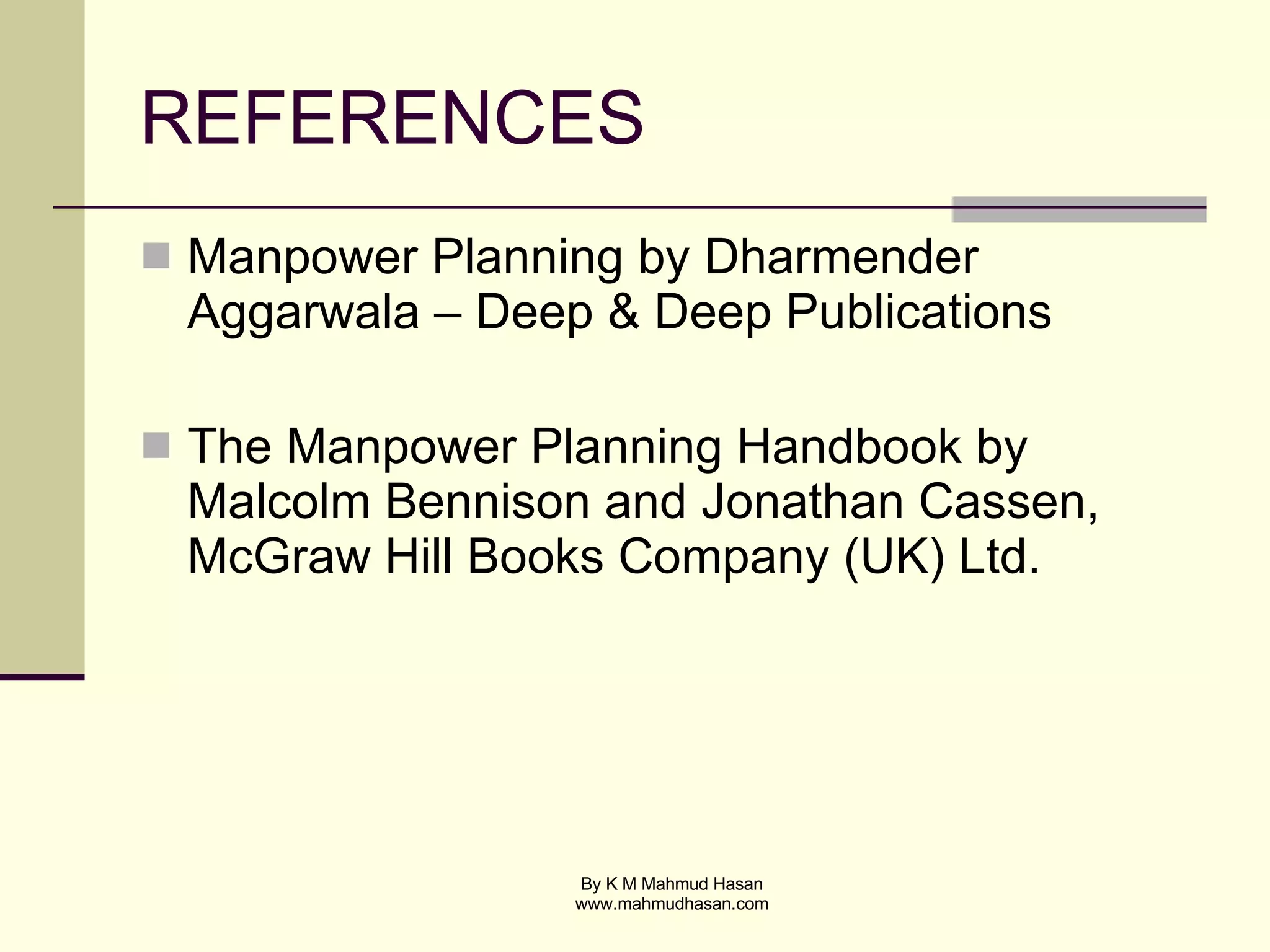 REFERENCES   Manpower Planning by Dharmender Aggarwala – Deep & Deep Publications The Manpower Planning Handbook by Malcolm Bennison and Jonathan Cassen, McGraw Hill Books Company (UK) Ltd. 