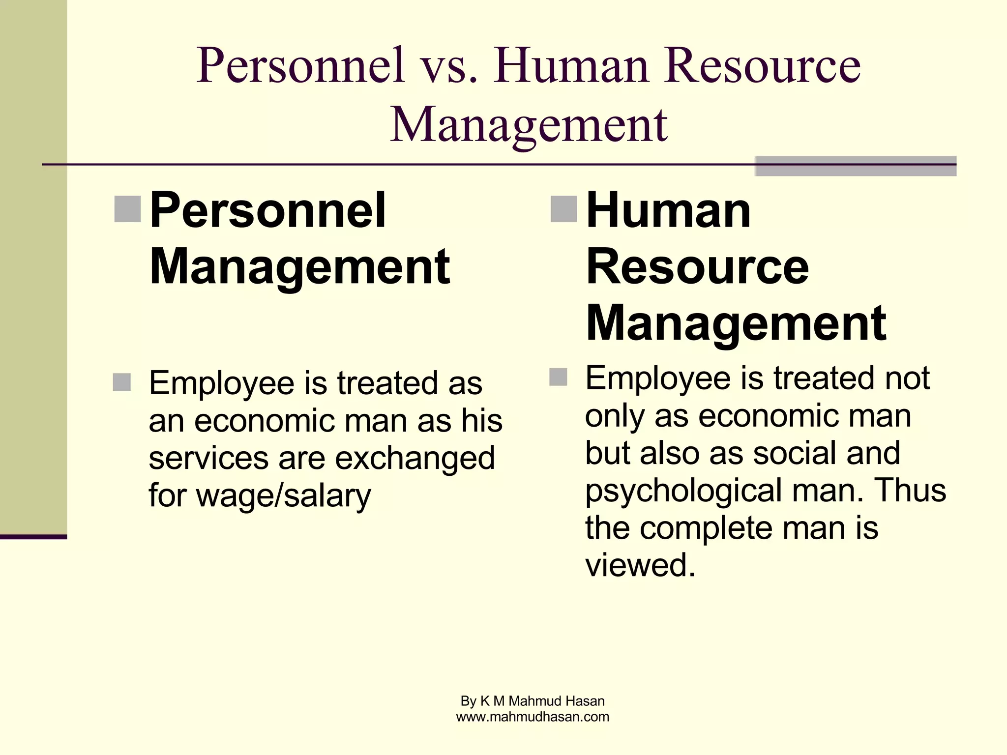 Personnel vs. Human Resource Management Personnel Management Employee is treated as an economic man as his services are exchanged for wage/salary Human Resource Management Employee is treated not only as economic man but also as social and psychological man. Thus the complete man is viewed. 