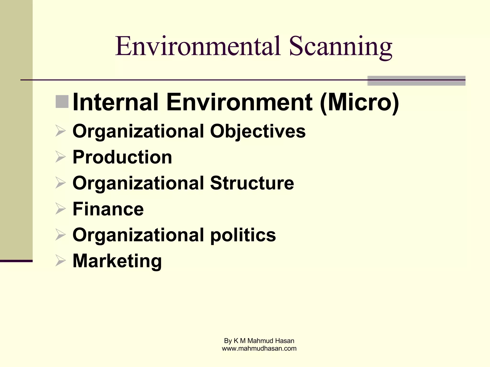Environmental Scanning  Internal Environment (Micro)  Organizational Objectives Production Organizational Structure Finance Organizational politics Marketing 