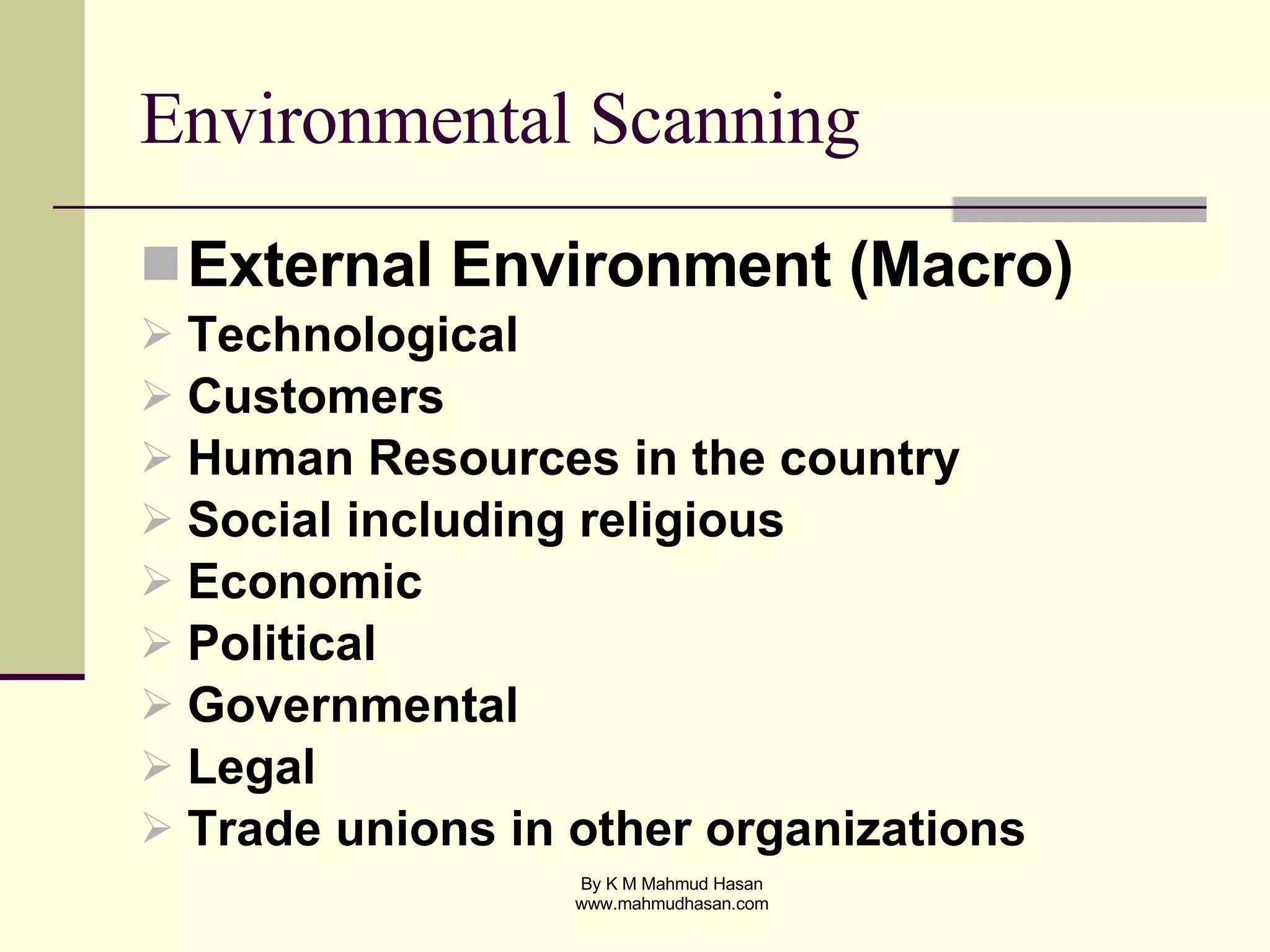 Environmental Scanning External Environment (Macro) Technological Customers Human Resources in the country Social including religious Economic Political Governmental Legal Trade unions in other organizations 