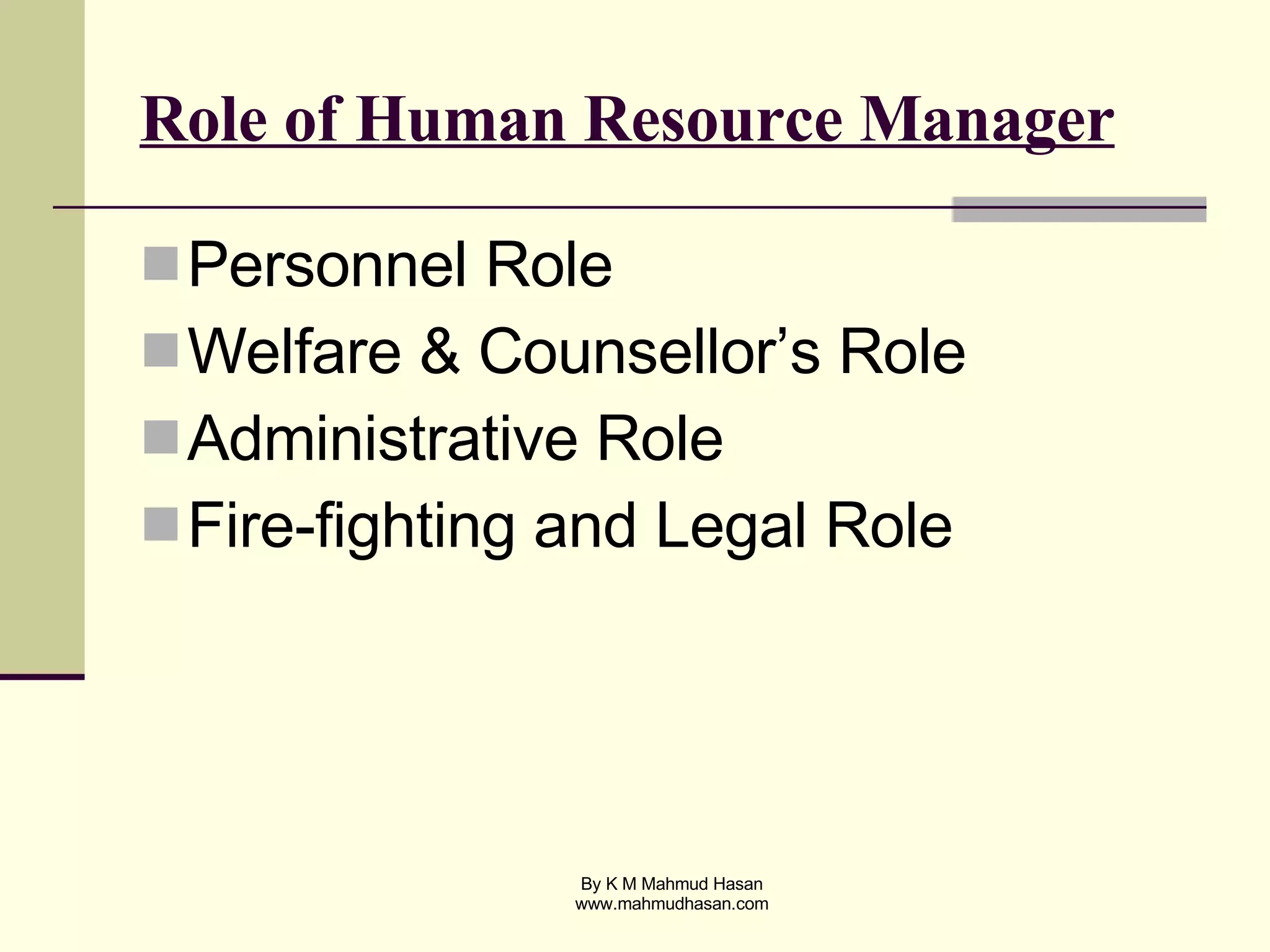 Role of Human Resource Manager Personnel Role Welfare & Counsellor’s Role Administrative Role Fire-fighting and Legal Role 