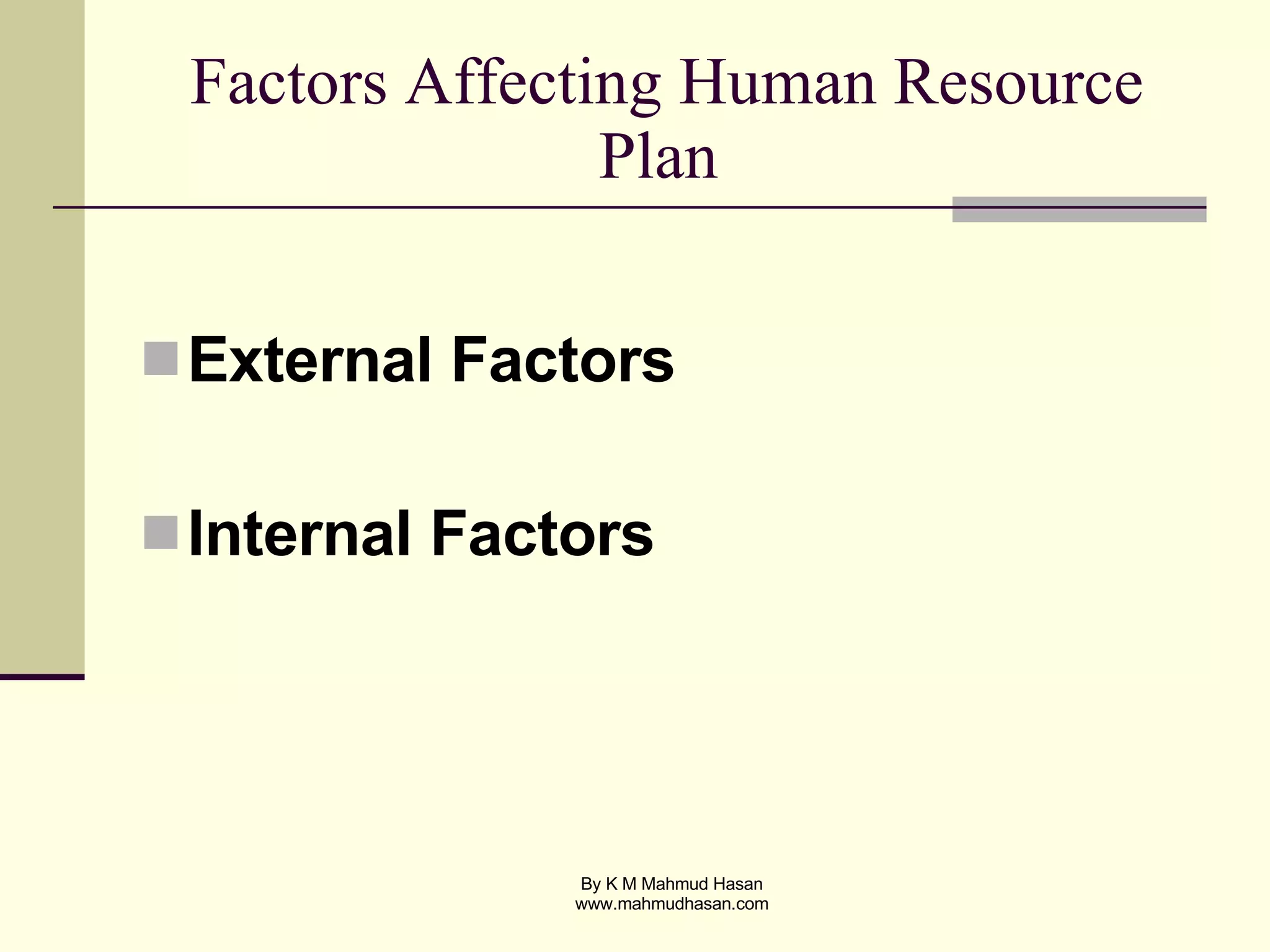 Factors Affecting Human Resource Plan  External Factors Internal Factors 