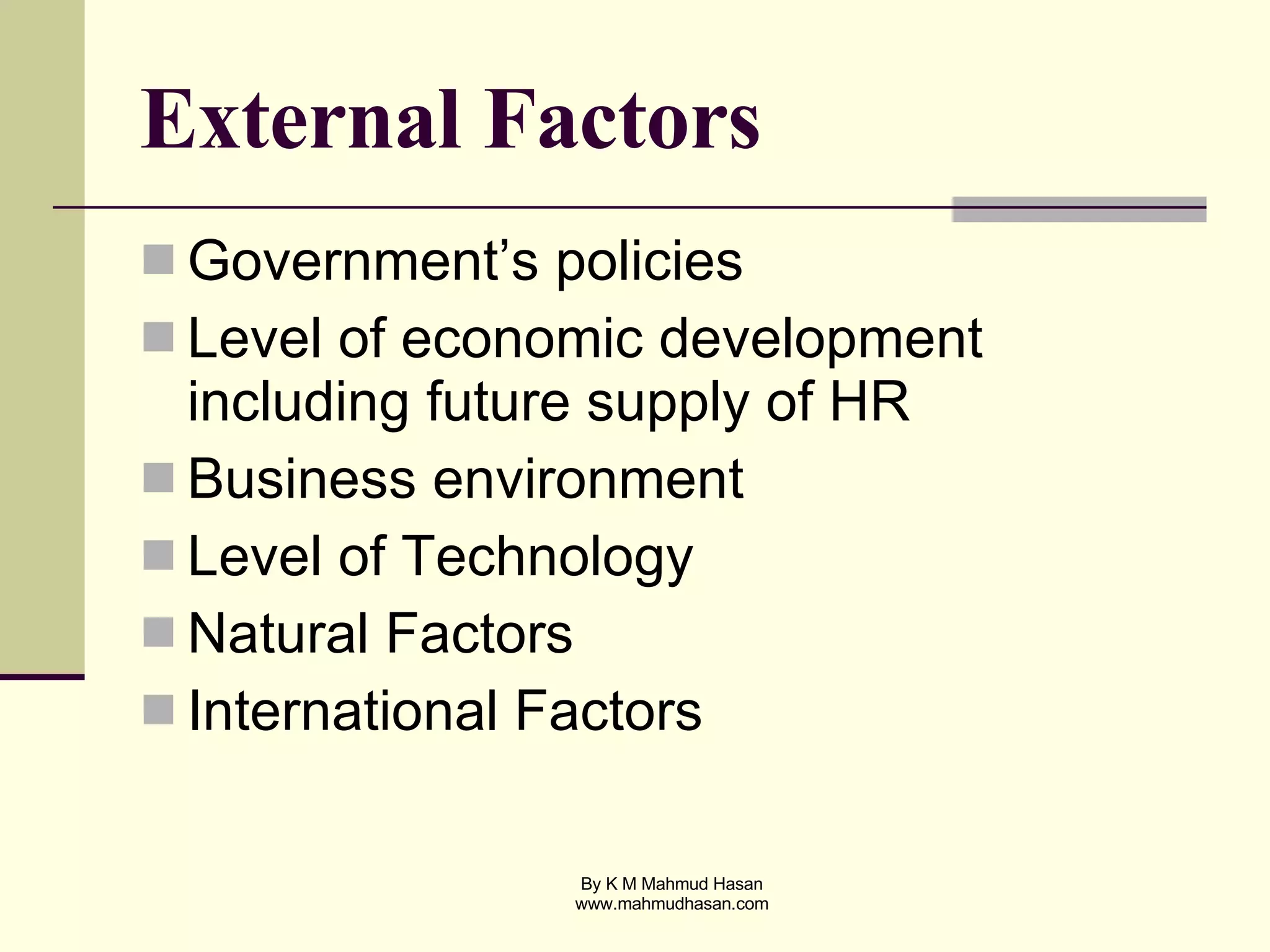 External Factors Government’s policies Level of economic development including future supply of HR Business environment Level of Technology Natural Factors International Factors 