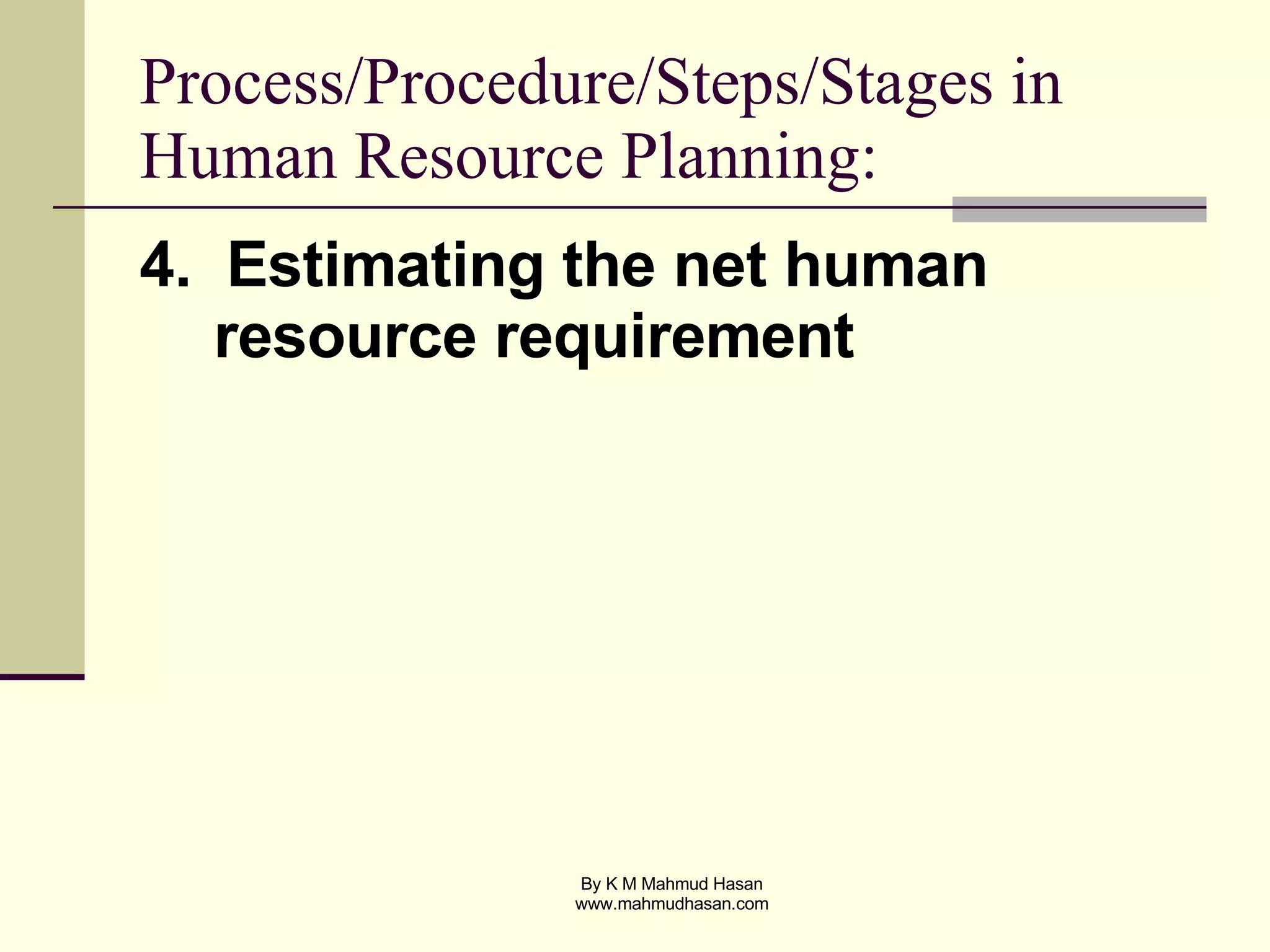 Process/Procedure/Steps/Stages in Human Resource Planning: 4.  Estimating the net human resource requirement 