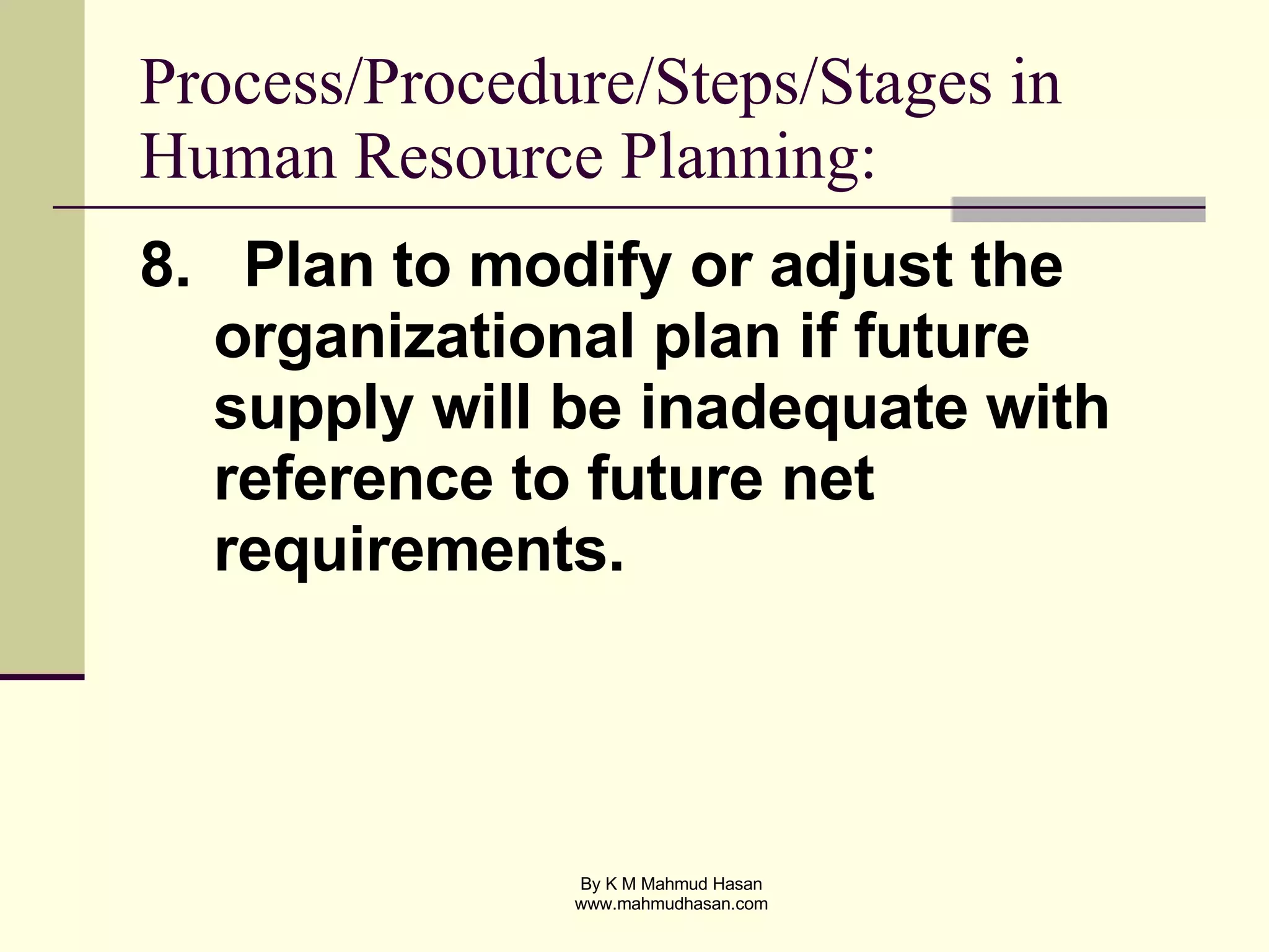 Process/Procedure/Steps/Stages in Human Resource Planning: 8.  Plan to modify or adjust the organizational plan if future supply will be inadequate with reference to future net requirements. 