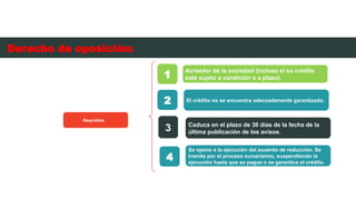 Requisitos
Acreedor de la sociedad (incluso si su crédito
esté sujeto a condición o a plazo).
1
El crédito no se encuentra adecuadamente garantizado.
2
Caduca en el plazo de 30 días de la fecha de la
última publicación de los avisos.
3
Derecho de oposición:
4
Se opone a la ejecución del acuerdo de reducción. Se
tramita por el proceso sumarísimo, suspendiendo la
ejecución hasta que se pague o se garantice el crédito.
 
