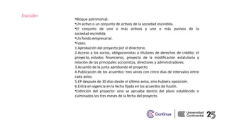 Escisión
•Bloque patrimonial:​
•Un activo o un conjunto de activos de la sociedad escindida.​
•El conjunto de uno o más activos y uno o más pasivos de la
sociedad escindida​
•Un fondo empresarial. ​
•Fases: ​
1.Aprobación del proyecto por el directorio.​
2.Acceso a los socios, obligacionistas o titulares de derechos de crédito: el
proyecto, estados financieros, proyecto de la modificación estatutaria y
relación de las principales accionistas, directores y administradores.​
3.Acuerdo de la junta aprobando el proyecto.​
4.Publicación de los acuerdos: tres veces con cinco días de intervalos entre
cada aviso.​
5.EP después de 30 días desde el último aviso, sino hubiera oposición. ​
6.Entra en vigencia en la fecha fijada en los acuerdos de fusión.​
•Extinción del proyecto: sino se aprueba dentro del plazo establecido o
culminados los tres meses de la fecha del proyecto.​
 