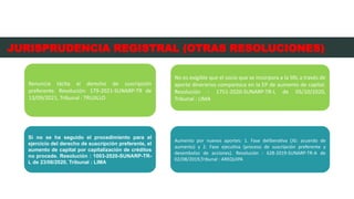 ACUERDOS
No es exigible que el socio que se incorpora a la SRL a través de
aporte dinerarios comparezca en la EP de aumento de capital.
Resolución : 1751-2020-SUNARP-TR-L de 05/10/2020,
Tribunal : LIMA
Aumento por nuevos aportes: 1. Fase deliberativa (JG: acuerdo de
aumento) y 2. Fase ejecutiva (proceso de suscripción preferente y
desembolso de acciones). Resolución : 628-2019-SUNARP-TR-A de
02/08/2019,Tribunal : AREQUIPA
JURISPRUDENCIA REGISTRAL (OTRAS RESOLUCIONES)
Renuncia tácita al derecho de suscripción
preferente. Resolución: 179-2021-SUNARP-TR de
13/09/2021, Tribunal : TRUJILLO
Si no se ha seguido el procedimiento para el
ejercicio del derecho de suscripción preferente, el
aumento de capital por capitalización de créditos
no procede. Resolución : 1003-2020-SUNARP-TR-
L de 23/06/2020, Tribunal : LIMA
 