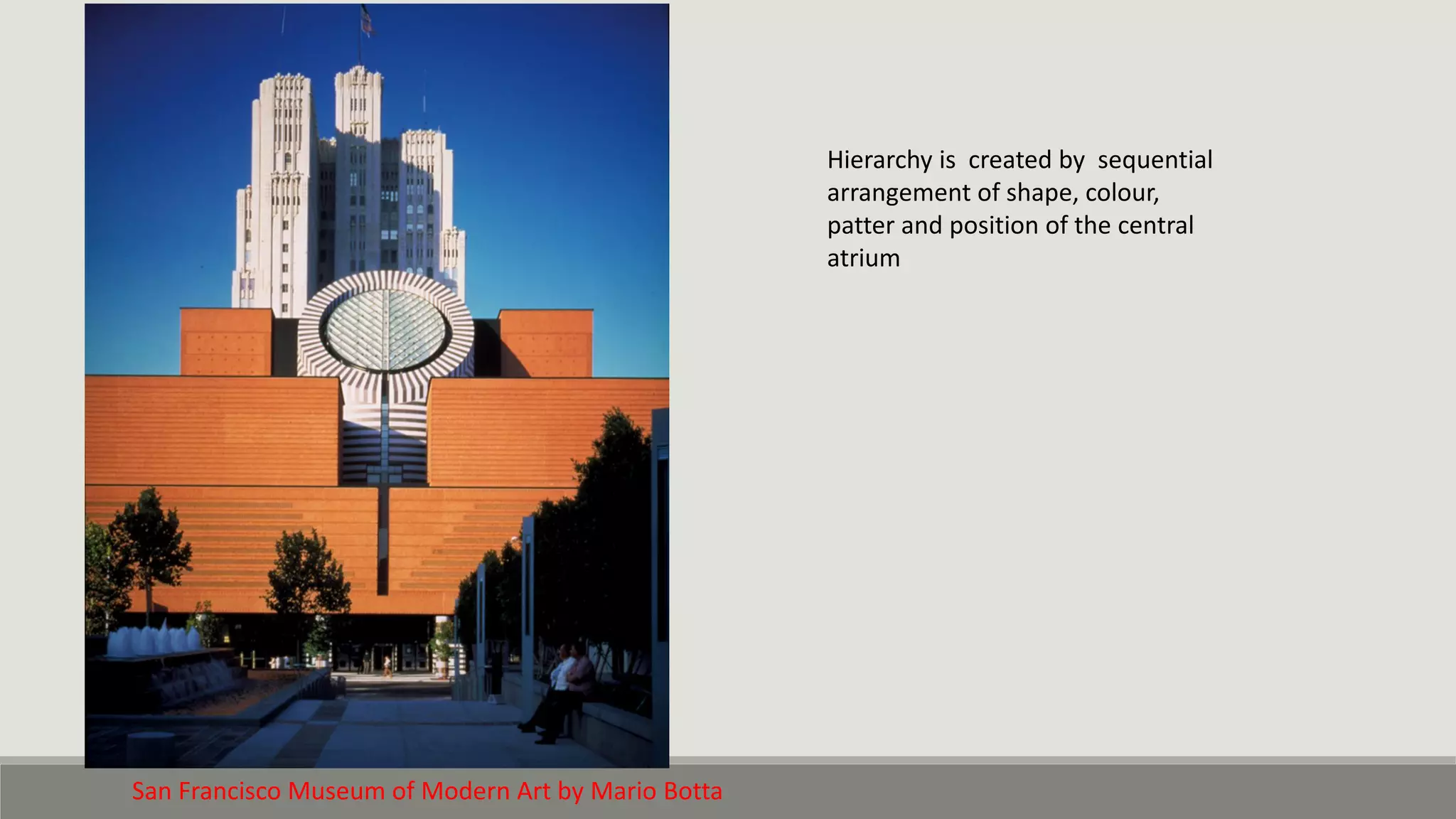 Hierarchy is created by sequential
arrangement of shape, colour,
patter and position of the central
atrium
San Francisco Museum of Modern Art by Mario Botta
 