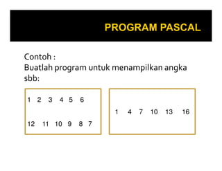 Contoh :
Buatlah program untuk menampilkan angka
sbb:
1 2

3

4 5

6
1

12

11 10 9

8 7

4

7

10

13

16

 