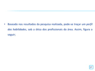 • Baseado nos resultados da pesquisa realizada, pode-se traçar um perfil
  das habilidades, sob a ótica dos profissionais da área. Assim, figura a
  seguir;




                                                                      17
 