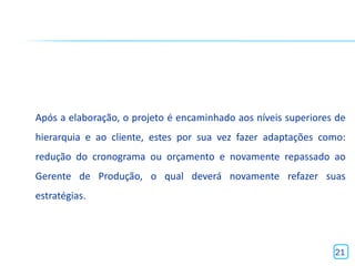Após a elaboração, o projeto é encaminhado aos níveis superiores de
hierarquia e ao cliente, estes por sua vez fazer adaptações como:
redução do cronograma ou orçamento e novamente repassado ao
Gerente de Produção, o qual deverá novamente refazer suas
estratégias.




                                                                21
 