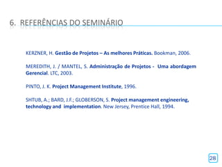 6. REFERÊNCIAS DO SEMINÁRIO


   KERZNER, H. Gestão de Projetos – As melhores Práticas. Bookman, 2006.

   MEREDITH, J. / MANTEL, S. Administração de Projetos - Uma abordagem
   Gerencial. LTC, 2003.

   PINTO, J. K. Project Management Institute, 1996.

   SHTUB, A.; BARD, J.F.; GLOBERSON, S. Project management engineering,
   technology and implementation. New Jersey, Prentice Hall, 1994.




                                                                           28
 