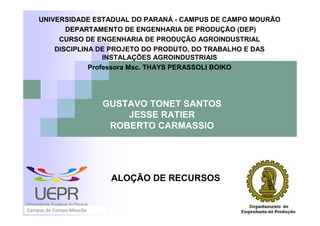 UNIVERSIDADE ESTADUAL DO PARANÁ - CAMPUS DE CAMPO MOURÃO
           DEPARTAMENTO DE ENGENHARIA DE PRODUÇÃO (DEP)
         CURSO DE ENGENHARIA DE PRODUÇÃO AGROINDUSTRIAL
        DISCIPLINA DE PROJETO DO PRODUTO, DO TRABALHO E DAS
                     INSTALAÇÕES AGROINDUSTRIAIS
                 Professora Msc. THAYS PERASSOLI BOIKO




                         GUSTAVO TONET SANTOS
                             JESSE RATIER
                          ROBERTO CARMASSIO




                          ALOÇÃO DE RECURSOS


Campus de Campo Mourão
 