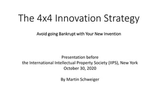 The 4x4 Innovation Strategy
Avoid going Bankrupt with Your New Invention
Presentation before
the International Intellectual Property Society (IIPS), New York
October 30, 2020
By Martin Schweiger
 