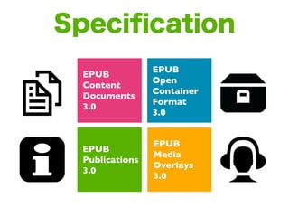 Speciﬁcation
                EPUB
 EPUB
                Open
 Content
                Container
 Documents
               ...