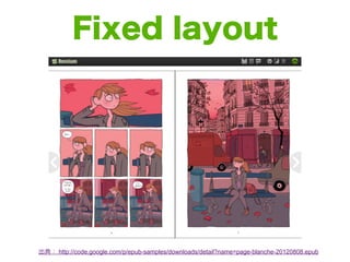 Fixed layout




出典： http://code.google.com/p/epub-samples/downloads/detail?name=page-blanche-20120808.epub
 
