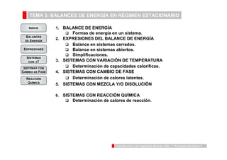 TEMA 5: BALANCES DE ENERGÍA EN RÉGIMEN ESTACIONARIO 
INDICE 
BALANCES 
DE ENERGÍA 
Introducción a la Ingeniería Química UVa - 1: Procesos Químicos 1 
EXPRESIONES 
SISTEMAS 
CON ΔT 
SISTEMAS CON 
CAMBIO DE FASE 
REACCIÓN 
QUÍMICA 
1. BALANCE DE ENERGÍA 
‰ Formas de energía en un sistema. 
2. EXPRESIONES DEL BALANCE DE ENERGÍA 
‰ Balance en sistemas cerrados. 
‰ Balance en sistemas abiertos. 
‰ Simplificaciones. 
3. SISTEMAS CON VARIACIÓN DE TEMPERATURA 
‰ Determinación de capacidades caloríficas. 
4. SISTEMAS CON CAMBIO DE FASE 
‰ Determinación de calores latentes. 
5. SISTEMAS CON MEZCLA Y/O DISOLUCIÓN 
6. SISTEMAS CON REACCIÓN QUÍMICA 
‰ Determinación de calores de reacción. 
 