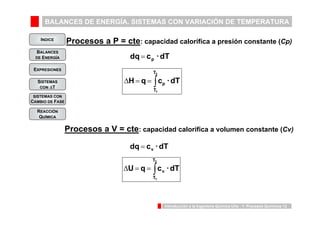 BALANCES DE ENERGÍA. SISTEMAS CON VARIACIÓN DE TEMPERATURA 
INDICE 
BALANCES 
DE ENERGÍA 
Procesos a P = cte: capacidad calorífica a presión constante (Cp) 
H q cp · dT 
Procesos a V = cte: capacidad calorífica a volumen constante (Cv) 
U q cv · dT 
Introducción a la Ingeniería Química UVa - 1: Procesos Químicos 12 
EXPRESIONES 
SISTEMAS 
CON ΔT 
SISTEMAS CON 
CAMBIO DE FASE 
REACCIÓN 
QUÍMICA 
dq cp · dT = 
T 
2 
Δ = = ∫ 
T 
1 
dq cv · dT = 
T 
2 
Δ = = ∫ 
T 
1 
 