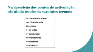 Na descrição dos pontos de articulação,
são ainda usados os seguintes termos:
 