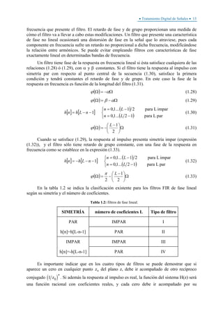 • Tratamiento Digital de Señales • 13
frecuencia que presente el filtro. El retardo de fase y de grupo proporcionan una medida de
cómo el filtro va a llevar a cabo estas modificaciones. Un filtro que presente una característica
de fase no lineal ocasionará una distorsión de fase en la señal que lo atraviese, pues cada
componente en frecuencia sufre un retardo no proporcional a dicha frecuencia, modificándose
la relación entre armónicos. Se puede evitar empleando filtros con características de fase
exactamente lineal en determinadas bandas de frecuencia.
Un filtro tiene fase de la respuesta en frecuencia lineal si ésta satisface cualquiera de las
relaciones (1.28) ó (1.29), con α y β constantes. Si el filtro tiene la respuesta al impulso con
simetría par con respecto al punto central de la secuencia (1.30), satisface la primera
condición y tendrá constantes el retardo de fase y de grupo. En este caso la fase de la
respuesta en frecuencia es función de la longitud del filtro (1.31).
( ) Ω−=Ω αϕ (1.28)
( ) Ω−=Ω αβϕ (1.29)
[ ] [ ]
( )
( )⎩
⎨
⎧
−=
−=
−−=
parpara L12...1,0
imparpara L21...1,0
1
Ln
Ln
nLhnh (1.30)
( ) Ω⎟
⎠
⎞
⎜
⎝
⎛ −
−=Ω
2
1L
ϕ (1.31)
Cuando se satisface (1.29), la respuesta al impulso presenta simetría impar (expresión
(1.32)), y el filtro sólo tiene retardo de grupo constante, con una fase de la respuesta en
frecuencia como se establece en la expresión (1.33).
[ ] [ ]
( )
( )⎩
⎨
⎧
−=
−=
−−−=
parpara L12...1,0
imparpara L21...1,0
1
Ln
Ln
nLhnh (1.32)
( ) Ω⎟
⎠
⎞
⎜
⎝
⎛ −
−=Ω
2
1
2
Lπ
ϕ (1.33)
En la tabla 1.2 se indica la clasificación existente para los filtros FIR de fase lineal
según su simetría y el número de coeficientes.
Tabla 1.2: filtros de fase lineal.
SIMETRÍA número de coeficientes L Tipo de filtro
PAR IMPAR I
h[n]=h[L-n-1] PAR II
IMPAR IMPAR III
h[n]=-h[L-n-1] PAR IV
Es importante indicar que en los cuatro tipos de filtros se puede demostrar que si
aparece un cero en cualquier punto z0 del plano z, debe ir acompañado de otro recíproco
conjugado ( )1 0z
∗
. Si además la respuesta al impulso es real, la función del sistema H(z) será
una función racional con coeficientes reales, y cada cero debe ir acompañado por su
 
