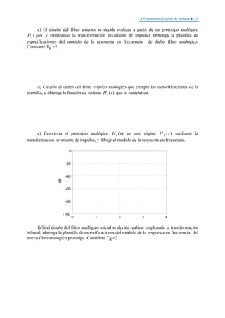 • Tratamiento Digital de Señales • 23
c) El diseño del filtro anterior se decide realizar a partir de un prototipo analógico
)( ωjHc y empleando la transformación invariante de impulso. Obtenga la plantilla de
especificaciones del módulo de la respuesta en frecuencia de dicho filtro analógico.
Considere Td =2.
d) Calcule el orden del filtro elíptico analógico que cumple las especificaciones de la
plantilla, y obtenga la función de sistema )(sHc que lo caracteriza.
e) Convierta el prototipo analógico )(sHc en uno digital )(zH D mediante la
transformación invariante de impulso, y dibuje el módulo de la respuesta en frecuencia.
0 1 2 3 4
-100
-80
-60
-40
-20
0
dB
f) Si el diseño del filtro analógico inicial se decide realizar empleando la transformación
bilineal, obtenga la plantilla de especificaciones del módulo de la respuesta en frecuencia del
nuevo filtro analógico prototipo. Considere Td =2.
 