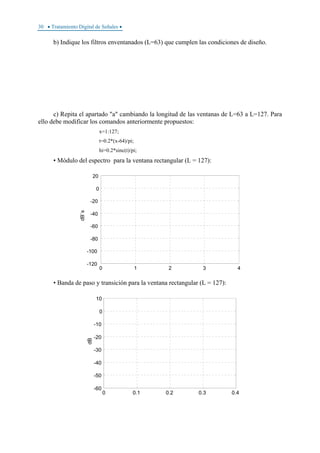 30 • Tratamiento Digital de Señales •
b) Indique los filtros enventanados (L=63) que cumplen las condiciones de diseño.
c) Repita el apartado "a" cambiando la longitud de las ventanas de L=63 a L=127. Para
ello debe modificar los comandos anteriormente propuestos:
x=1:127;
t=0.2*(x-64)/pi;
hi=0.2*sinc(t)/pi;
• Módulo del espectro para la ventana rectangular (L = 127):
0 1 2 3 4
-120
-100
-80
-60
-40
-20
0
20
dB`s
• Banda de paso y transición para la ventana rectangular (L = 127):
0 0.1 0.2 0.3 0.4
-60
-50
-40
-30
-20
-10
0
10
dB
 