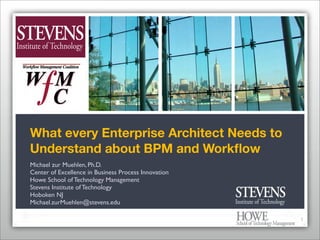 What every Enterprise Architect Needs to
Understand about BPM and Workﬂow
Michael zur Muehlen, Ph.D.
Center of Excellence in Business Process Innovation
Howe School of Technology Management
Stevens Institute of Technology
Hoboken NJ
Michael.zurMuehlen@stevens.edu

                                                      1