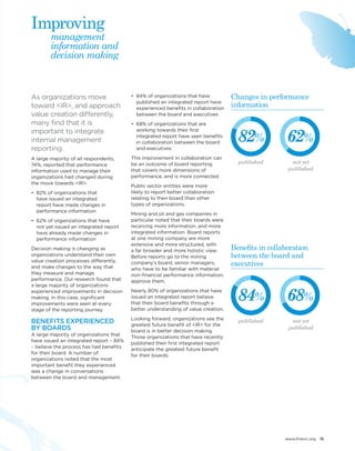 www.theiirc.org 15 
As organizations move 
toward <IR>, and approach 
value creation differently, 
many find that it is 
important to integrate 
internal management 
reporting. 
A large majority of all respondents, 
74%, reported that performance 
information used to manage their 
organizations had changed during 
the move towards <IR>. 
• 82% of organizations that 
have issued an integrated 
report have made changes in 
performance information 
• 62% of organizations that have 
not yet issued an integrated report 
have already made changes in 
performance information 
Decision making is changing as 
organizations understand their own 
value creation processes differently, 
and make changes to the way that 
they measure and manage 
performance. Our research found that 
a large majority of organizations 
experienced improvements in decision 
making. In this case, significant 
improvements were seen at every 
stage of the reporting journey. 
BENEFITS EXPERIENCED 
BY BOARDS 
A large majority of organizations that 
have issued an integrated report – 84% 
– believe the process has had benefits 
for their board. A number of 
organizations noted that the most 
important benefit they experienced 
was a change in conversations 
between the board and management. 
• 84% of organizations that have 
published an integrated report have 
experienced benefits in collaboration 
between the board and executives 
• 68% of organizations that are 
working towards their first 
integrated report have seen benefits 
in collaboration between the board 
and executives 
This improvement in collaboration can 
be an outcome of board reporting 
that covers more dimensions of 
performance, and is more connected. 
Public sector entities were more 
likely to report better collaboration 
relating to their board than other 
types of organizations. 
Mining and oil and gas companies in 
particular noted that their boards were 
receiving more information, and more 
integrated information. Board reports 
at one mining company are more 
extensive and more structured, with 
a far broader and more holistic view. 
Before reports go to the mining 
company’s board, senior managers, 
who have to be familiar with material 
non-financial performance information, 
approve them. 
Nearly 80% of organizations that have 
issued an integrated report believe 
that their board benefits through a 
better understanding of value creation. 
Looking forward, organizations see the 
greatest future benefit of <IR> for the 
board is in better decision making. 
Those organizations that have recently 
published their first integrated report 
anticipate the greatest future benefit 
for their boards. 
Changes in performance 
information 
Benefits in collaboration 
between the board and 
executives 
published 
published 
82% 
not yet 
published 
62% 
84% 
not yet 
published 
68% 
management 
information and 
decision making 
Improving 
 