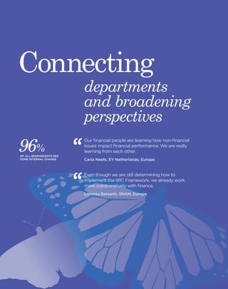 20 Black Sun Plc 2014 www.blacksunplc.com 
departments 
and broadening 
perspectives 
Connecting 
9 6% 
OF ALL RESPONDENTS SEE 
SOME INTERNAL CHANGE 
Our financial people are learning how non-financial 
issues impact financial performance. We are really 
learning from each other. 
Carla Neefs, EY Netherlands, Europe 
Even though we are still determining how to 
implement the IIRC Framework, we already work 
more collaboratively with finance. 
Lorenza Barsanti, SNAM, Europe 
 