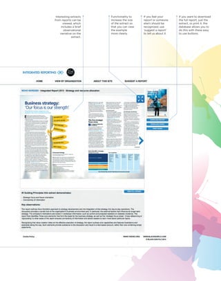 If you want to download 
the full report, just the 
extract, or print it, the 
database allows you to 
do this with these easy 
to use buttons. 
If you feel your 
report or someone 
else’s should be 
recognized, use 
‘suggest a report’ 
to tell us about it. 
Interesting extracts 
from reports can be 
viewed, which 
includes a brief 
observational 
narrative on the 
extract. 
Functionality to 
increase the size 
of the extract so 
that you can view 
the example 
more clearly. 
 
