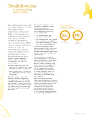 www.theiirc.org 7 
One of the most important 
and most common benefits 
that organizations 
experience is a new and 
better understanding of 
how organizations create 
– or destroy – value. 
Communicating about 
value creation is one of the 
most important objectives 
of <IR>, so it is not 
surprising that this is an 
area where organizations 
see dramatic impacts. 
Improved understanding of value 
creation was seen as a benefit 
for organizations at all stages 
of integration – 92% saw it as a 
current benefit. 
• 95% of organizations that have 
published an integrated report see a 
benefit in the area of value creation 
• 88% of organizations that have not 
yet published an integrated report 
see a benefit 
One listed company noted that 
the most significant benefit they 
had experienced from <IR> was the 
understanding of how non-financial 
performance is a leading indicator for 
financial performance. After more than 
five years of <IR>, the company was 
still improving its understanding of 
these links. 
Overall, listed companies were 
significantly more likely to report 
that developing a better 
understanding of value creation 
over time was a motivation for – 
and benefit of – <IR>: 
• 95% agreed that this was a 
motivation for their <IR> 
• 97% agreed that this was a benefit 
that they had experienced from 
their <IR> journey, and 25% agreed 
that it was a significant benefit 
In contrast, developing a better 
understanding of value creation over 
time motivated only 55% of public 
sector entities. However, 73% of public 
sector entities experienced this as a 
benefit of <IR>. 
For one engineering company, 
the biggest benefit of <IR> has been 
the ability to look at its business and 
its value creation process in a new 
way. This has led to changes in the 
company’s business management 
system. In the past, the focus of 
internal management reporting 
was the profit and loss statement, 
or income statement. Today, the 
company no longer believes all 
value has to be quantified, much 
less monetized. 
While reporting is only part of 
the process of integration, a financial 
services company found that reporting 
changes thinking and that <IR> has 
helped change focus within the 
organization. The company has 
found the six capitals concept in 
the International <IR> Framework 
to be a powerful tool for broadening 
internal thinking about performance. 
See a benefit 
in value creation 
95% 
published 
88% 
not yet 
published 
in understanding 
value creation 
Breakthroughs 
 