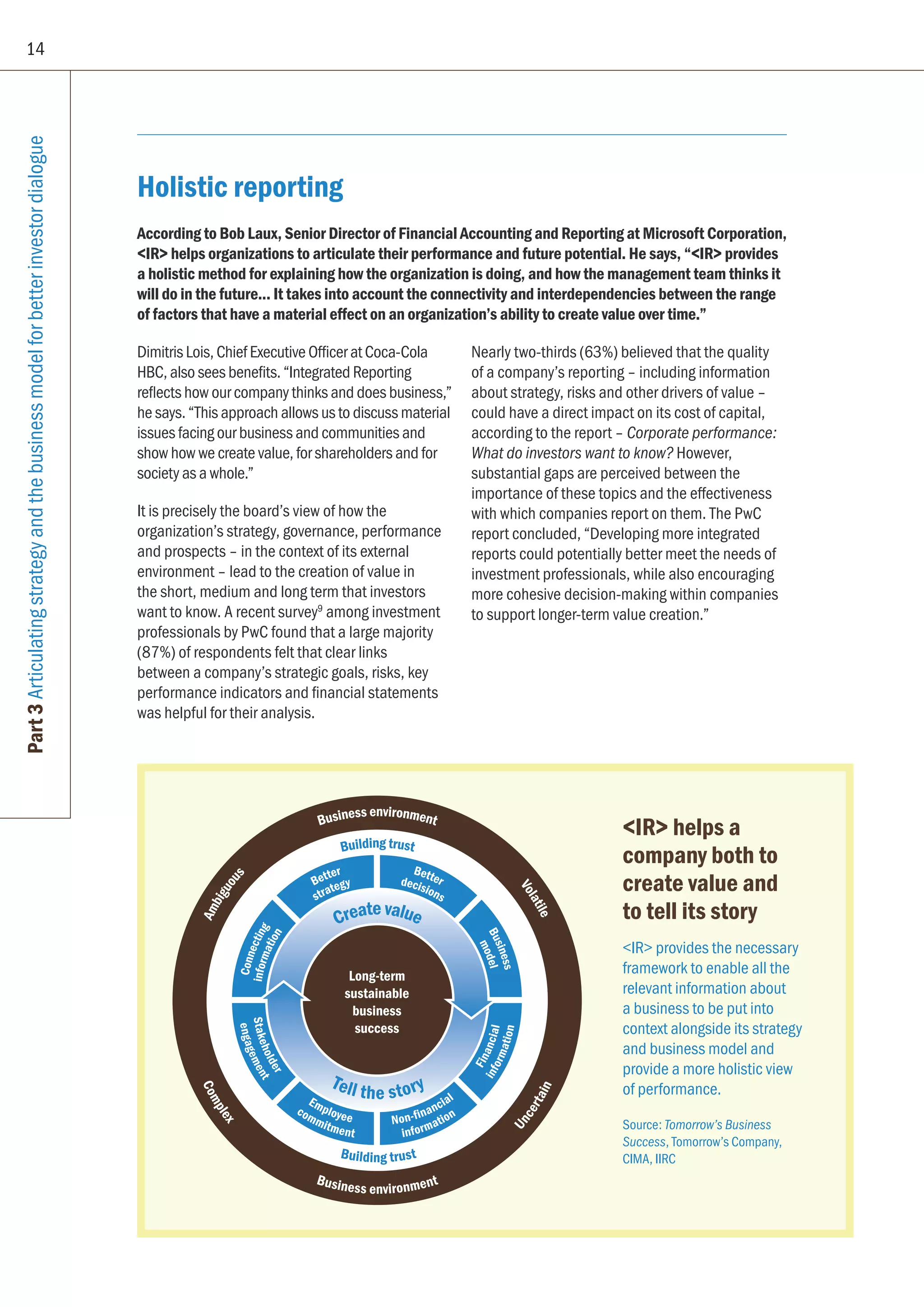 14
Part3Articulatingstrategyandthebusinessmodelforbetterinvestordialogue
Holistic reporting
According to Bob Laux, Senior Director of Financial Accounting and Reporting at Microsoft Corporation,
IR helps organizations to articulate their performance and future potential. He says, “IR provides
a holistic method for explaining how the organization is doing, and how the management team thinks it
will do in the future... It takes into account the connectivity and interdependencies between the range
of factors that have a material effect on an organization’s ability to create value over time.”
Dimitris Lois, Chief Executive Officer at Coca-Cola
HBC, also sees benefits. “Integrated Reporting
reflects how our company thinks and does business,”
he says. “This approach allows us to discuss material
issues facing our business and communities and
show how we create value, for shareholders and for
society as a whole.”
It is precisely the board’s view of how the
organization’s strategy, governance, performance
and prospects – in the context of its external
environment – lead to the creation of value in
the short, medium and long term that investors
want to know. A recent survey9
among investment
professionals by PwC found that a large majority
(87%) of respondents felt that clear links
between a company’s strategic goals, risks, key
performance indicators and financial statements
was helpful for their analysis.
Nearly two-thirds (63%) believed that the quality
of a company’s reporting – including information
about strategy, risks and other drivers of value –
could have a direct impact on its cost of capital,
according to the report – Corporate performance:
What do investors want to know? However,
substantial gaps are perceived between the
importance of these topics and the effectiveness
with which companies report on them. The PwC
report concluded, “Developing more integrated
reports could potentially better meet the needs of
investment professionals, while also encouraging
more cohesive decision-making within companies
to support longer-term value creation.”
Long-term
sustainable
business
success
Createvalue
Building trust
Building trust
Tell the story
Business environment
Business environment
Ambiguous
Volatile
Uncertain
Complex
Better
strategy
Betterdecisions
Business
model
Connectinginformation
engagement
Stakeholder
commitment
Employee
informationNon-financial
information
Financial
IR provides the necessary
framework to enable all the
relevant information about
a business to be put into
context alongside its strategy
and business model and
provide a more holistic view
of performance.
Source: Tomorrow’s Business
Success, Tomorrow’s Company,
CIMA, IIRC
IR helps a
company both to
create value and
to tell its story
 
