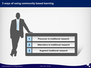 3 ways of using community based learning




                                             1   Precursor to traditional res...