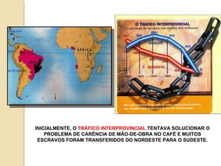 INICIALMENTE, O  TRÁFICO INTERPROVINCIAL  TENTAVA SOLUCIONAR O PROBLEMA DE CARÊNCIA DE MÃO-DE-OBRA NO CAFÉ E MUITOS ESCRAVOS FORAM TRANSFERIDOS DO NORDESTE PARA O SUDESTE. 