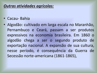 Outras atividades agrícolas:
• Cacau- Bahia
• Algodão: cultivado em larga escala no Maranhão,
Pernambuco e Ceará, passam a ser produtos
expressivos na economia brasileira. Em 1860 o
algodão chega a ser o segundo produto de
exportação nacional. A expansão de sua cultura,
nesse período, é consequência da Guerra de
Secessão norte-americana (1861-1865),
 