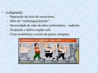 A imigração: Superação da crise do escravismo. Mito do “embranquecimento”. Necessidade de mão-de-obra (cafeicultura – sudeste). Ocupação e defesa (região sul). Crise econômica e social em países europeus. 