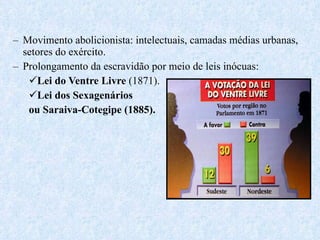 Movimento abolicionista: intelectuais, camadas médias urbanas, setores do exército. Prolongamento da escravidão por meio de leis inócuas: Lei do Ventre Livre  (1871). Lei dos Sexagenários  ou Saraiva-Cotegipe (1885). 