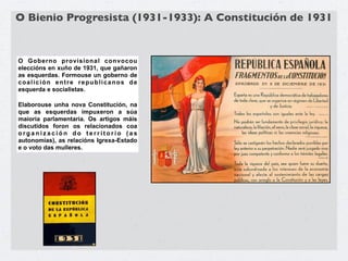 O Bienio Progresista (1931-1933): A Constitución de 1931


O Goberno provisional convocou
eleccións en xuño de 1931, que gañaron
as esquerdas. Formouse un goberno de
coalición entre republicanos de
esquerda e socialistas.

Elaborouse unha nova Constitución, na
que as esquerdas impuxeron a súa
maioría parlamentaria. Os artigos máis
discutidos foron os relacionados coa
organización do territorio (as
autonomías), as relacións Igrexa-Estado
e o voto das mulleres.
 