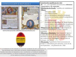 Constitución republicana de 1931
9 – 12 – 1931 aprobada a Constitución: reformista
, democrática e de esquerdas
Definición do Estado: “república de traballadores”
Bases:
1.
Soberanía popular
2.
Unicameral (Cortes)
3.
División de poderes: executivo (Goberno),
lexislativo ( as Cortes), xudicial (independentexuíces)
4.
Sufraxio universal
5.
Presidente da II República ( N. Alcalá Zamora)
6 anos, nomea e cesa ao presidente do goberno,
sentencia as leis, pode suspender as Cortes.
Organización do territorio: estado integral con
autonomía de municipios e rexións – proceso
estatutario
Dereitos e liberdades: laico (separación Igrexa –
Estado); Dereitos individuais; propiedade privada;
liberdade de prensa, asociación e sindicación; melloras
das condicións de vida familiar e laboral (libro de
texto,pax. 386, doc.9).
Economía: Capitalismo e intervencionismo do
Estado vs. Liberalismo puro (dereitas) –Crise do 29,
teses keynesianas…crise financeira do s. XXI

 