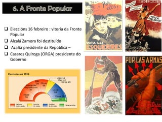  Eleccións 16 febreiro : vitoria da Fronte
Popular
 Alcalá Zamora foi destituído
 Azaña presidente da República –
 Casares Quiroga (ORGA) presidente do
Goberno

 