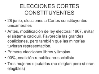 ELECCIONES CORTES
CONSTITUYENTES
●
28 junio, elecciones a Cortes constituyentes
unicamerales
●
Antes, modificación de ley electoral 1907, evitar
el sistema caciquil. Favorecía las grandes
coaliciones, pero también que las minorías
tuvieran representación.
●
Primera elecciones libres y limpias.
●
90%, coalición republicano-socialista
●
Tres mujeres diputadas (no elegían pero sí eran
elegibles)
 