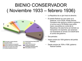 BIENIO CONSERVADOR
( Noviembre 1933 – febrero 1936)
●
La República da un giro hacia la derecha.
●
El partido Radical va a ser quien va a
gobernar, no la CEDA. Alcalá Zamora
considera más oportuno confiar el gobierno
a Lerroux que a Gil Robles (que podía
hacer una política en contra de la
República). De esta forma así también se
tranquilizó a la izquierda, que amenaza
con levantarse en armas si la CEDA tiene
el control del gobierno.
●
Dos periodos:
●
Hasta octubre de 1934 gobierno del partido
Radical.
●
Desde octubre de 1934 a 1936, gobierno
Radical Cedista
 