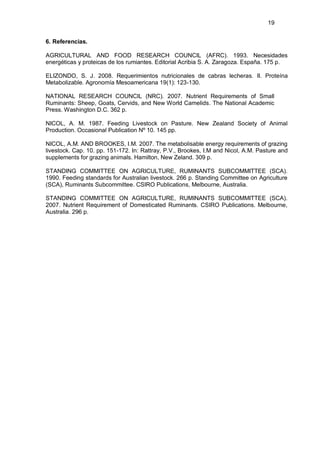 19


6. Referencias.

AGRICULTURAL AND FOOD RESEARCH COUNCIL (AFRC). 1993. Necesidades
energéticas y proteicas de los rumiantes. Editorial Acribia S. A. Zaragoza. España. 175 p.

ELIZONDO, S. J. 2008. Requerimientos nutricionales de cabras lecheras. II. Proteína
Metabolizable. Agronomía Mesoamericana 19(1): 123-130.

NATIONAL RESEARCH COUNCIL (NRC). 2007. Nutrient Requirements of Small
Ruminants: Sheep, Goats, Cervids, and New World Camelids. The National Academic
Press. Washington D.C. 362 p.

NICOL, A. M. 1987. Feeding Livestock on Pasture. New Zealand Society of Animal
Production. Occasional Publication Nº 10. 145 pp.

NICOL, A.M. AND BROOKES, I.M. 2007. The metabolisable energy requirements of grazing
livestock. Cap. 10. pp. 151-172. In: Rattray, P.V., Brookes, I.M and Nicol, A.M. Pasture and
supplements for grazing animals. Hamilton, New Zeland. 309 p.

STANDING COMMITTEE ON AGRICULTURE, RUMINANTS SUBCOMMITTEE (SCA).
1990. Feeding standards for Australian livestock. 266 p. Standing Committee on Agriculture
(SCA), Ruminants Subcommittee. CSIRO Publications, Melbourne, Australia.

STANDING COMMITTEE ON AGRICULTURE, RUMINANTS SUBCOMMITTEE (SCA).
2007. Nutrient Requirement of Domesticated Ruminants. CSIRO Publications. Melbourne,
Australia. 296 p.
 