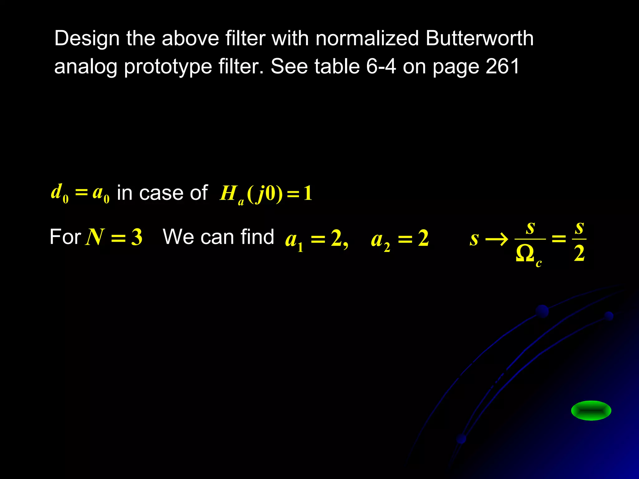 Design the above filter with normalized Butterworth
analog prototype filter. See table 6-4 on page 261
1,)( 02
210
0
==
++++
= NN
N
an aa
sasasaa
d
sH

in case of 1)0( =jHa00 ad =
3=NFor 2,2 21 == aaWe can find
32
32
2
488
8
)
2
()
2
(2)
2
(21
1
)()(
ssssss
sHsH ssana
+++
=
+++
=
= =
2
sss
c
=
Ω
→
 