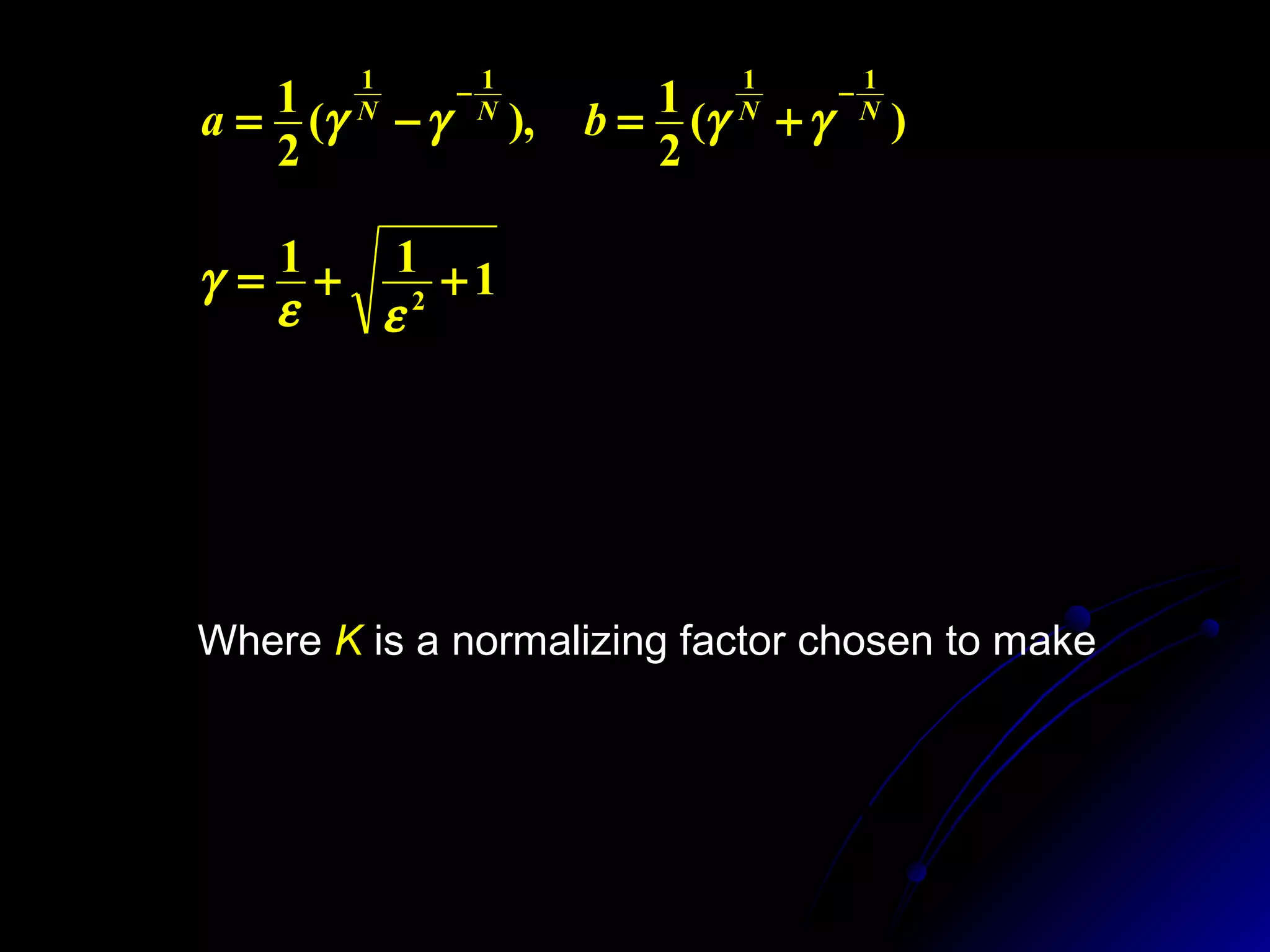 111
2
++=
εε
γ
)(
2
1),(
2
1
1111
NNNN
ba
−−
+=−= γγγγ
∏=
−
= N
k
k
a
ss
KsH
1
)(
)(




+
= evenisN,
1
1
oddisN,1
)0(
2
ε
jHa
Where K is a normalizing factor chosen to make
 