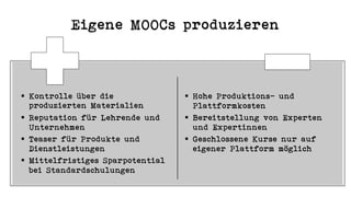 Eigene MOOCs produzieren
§ Kontrolle über die
produzierten Materialien
§ Reputation für Lehrende und
Unternehmen
§ Teaser für Produkte und
Dienstleistungen
§ Mittelfristiges Sparpotential
bei Standardschulungen
§ Hohe Produktions- und
Plattformkosten
§ Bereitstellung von Experten
und Expertinnen
§ Geschlossene Kurse nur auf
eigener Plattform möglich
 