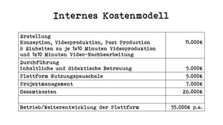 Internes Kostenmodell
Erstellung
Konzeption, Videoproduktion, Post Production
8 Einheiten zu je 1x10 Minuten Videoproduktion
und 1x10 Minuten Video-Nachbearbeitung
11.000€
Durchführung
inhaltliche und didaktische Betreuung 5.000€
Plattform Nutzungspauschale 5.000€
Projektmanagement 7.000€
Gesamtkosten 28.000€
Betrieb/Weiterentwicklung der Plattform 55.000€ p.a.
 